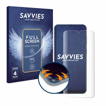 Front side of a product packaging with the brand logo Savvies. Next to it is the device Samsung Galaxy A50 shown with the corr