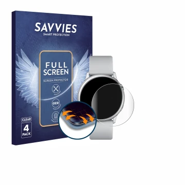 Front side of a product packaging with the brand logo Savvies. Next to it is the device Samsung Galaxy Watch Active shown with