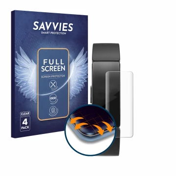 Front side of a product packaging with the brand logo Savvies. Next to it is the device Fitbit Inspire HR shown with the corre