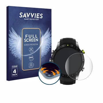 Front side of a product packaging with the brand logo Savvies. Next to it is the device Garmin Marq Athlete shown with the cor