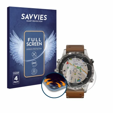 Front side of a product packaging with the brand logo Savvies. Next to it is the device Garmin Marq Adventurer shown with the 