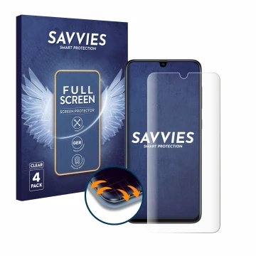 Front side of a product packaging with the brand logo Savvies. Next to it is the device Samsung Galaxy A70 shown with the corr