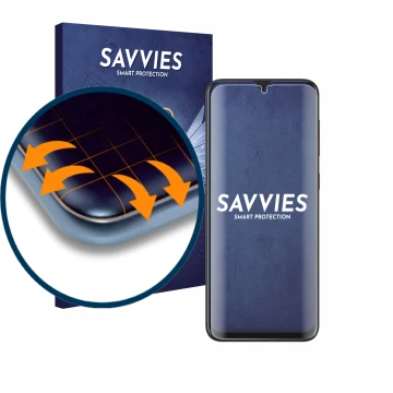 Front side of a product packaging with the brand logo Savvies. Next to it is the device Samsung Galaxy A20 shown with the corr