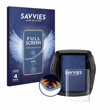 Front side of a product packaging with the brand logo Savvies. Next to it is the device Yamaha LCD-C Display 2019 (E-Bike Disp