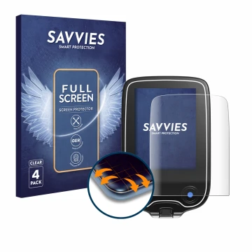 Front side of a product packaging with the brand logo Savvies. Next to it is the device Freestyle Libre 2 shown with the corre