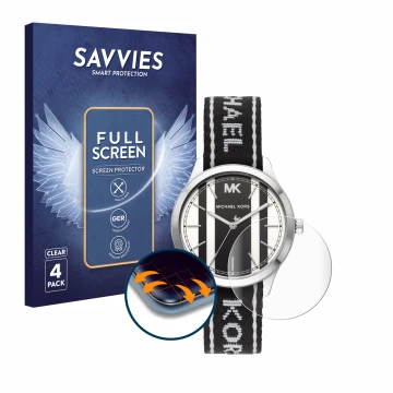 Front side of a product packaging with the brand logo Savvies. Next to it is the device Michael Kors Runway MK2795 (38 mm) sho