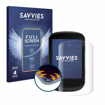 Front side of a product packaging with the brand logo Savvies. Next to it is the device Garmin Edge 530 shown with the corresp