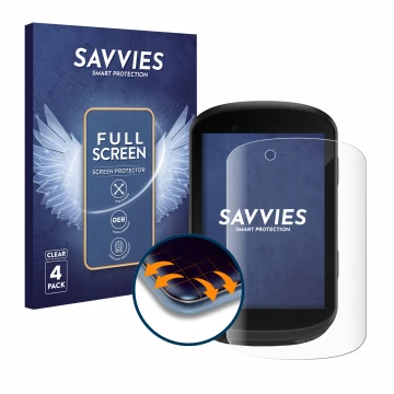 Front side of a product packaging with the brand logo Savvies. Next to it is the device Garmin Edge 830 shown with the corresp