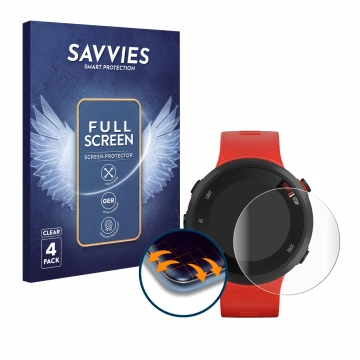 Front side of a product packaging with the brand logo Savvies. Next to it is the device Garmin Forerunner 45 shown with the co