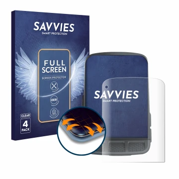 Front side of a product packaging with the brand logo Savvies. Next to it is the device Wahoo Elemnt Roam shown with the corre