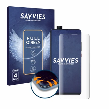 Front side of a product packaging with the brand logo Savvies. Next to it is the device Xiaomi Mi 9T shown with the correspond