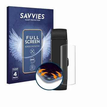 Front side of a product packaging with the brand logo Savvies. Next to it is the device Honor Band 5 shown with the correspond