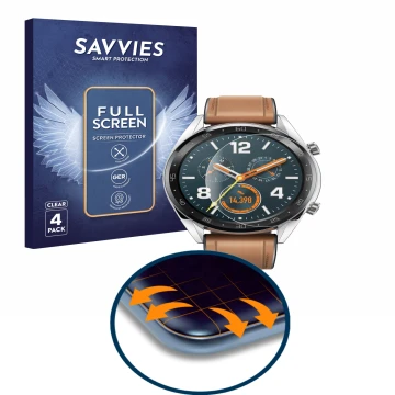 Front side of a product packaging with the brand logo Savvies. Next to it is the device Huawei Watch GT Classic shown with the