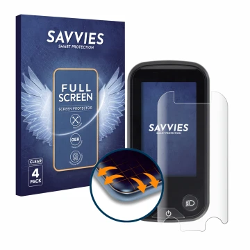 Front side of a product packaging with the brand logo Savvies. Next to it is the device Shimano Steps SC-E6100 shown with the 