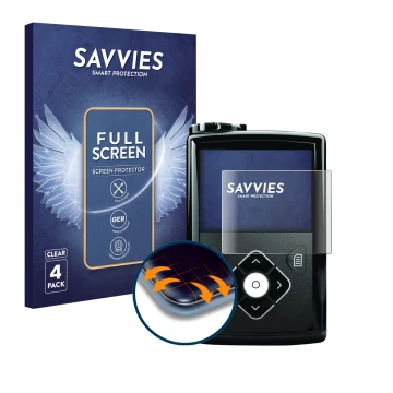Front side of a product packaging with the brand logo Savvies. Next to it is the device Medtronic Minimed 640G shown with the 