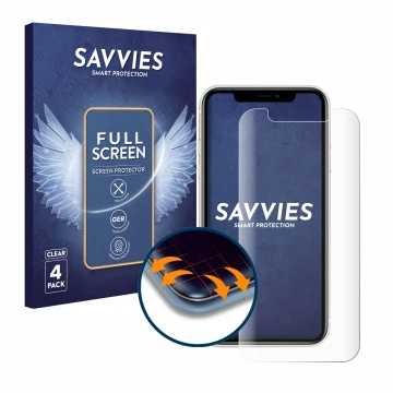 Front side of a product packaging with the brand logo Savvies. Next to it is the device Apple iPhone 11 shown with the corresp