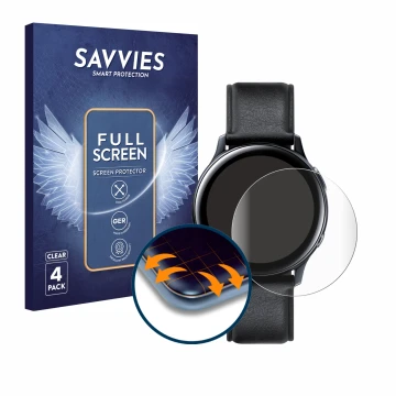 Front side of a product packaging with the brand logo Savvies. Next to it is the device Samsung Galaxy Watch Active 2 (44mm) s