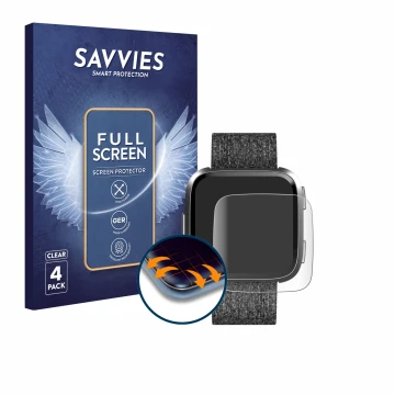 Front side of a product packaging with the brand logo Savvies. Next to it is the device Fitbit Versa Special Edition shown wit