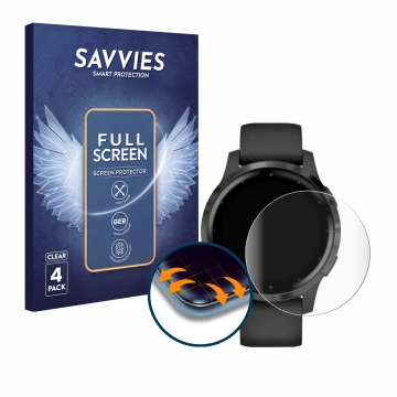 Front side of a product packaging with the brand logo Savvies. Next to it is the device Garmin vivoactive 4 (45 mm) shown with