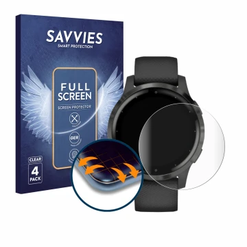 Front side of a product packaging with the brand logo Savvies. Next to it is the device Garmin vivoactive 4s (40 mm) shown wit