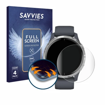 Front side of a product packaging with the brand logo Savvies. Next to it is the device Garmin Venu (43 mm) shown with the cor