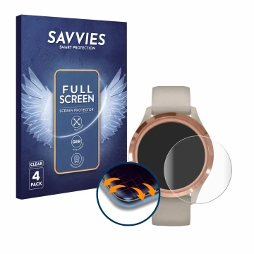 Front side of a product packaging with the brand logo Savvies. Next to it is the device Garmin vivomove 3S (39 mm) shown with 