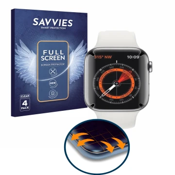 Front side of a product packaging with the brand logo Savvies. Next to it is the device Apple Watch Series 5 (44 mm) shown wit