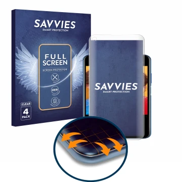 Front side of a product packaging with the brand logo Savvies. Next to it is the device Huawei Nova 5T shown with the correspo