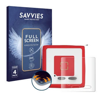 Front side of a product packaging with the brand logo Savvies. Next to it is the device Tonies Toniebox shown with the corresp