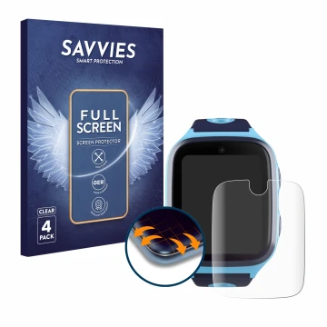 Front side of a product packaging with the brand logo Savvies. Next to it is the device Xplora X4 shown with the corresponding