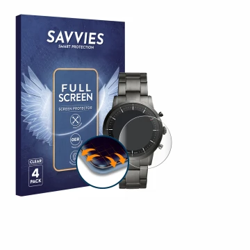 Front side of a product packaging with the brand logo Savvies. Next to it is the device Fossil Collider HR shown with the corr
