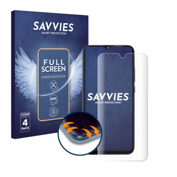 Front side of a product packaging with the brand logo Savvies. Next to it is the device Gigaset GS290 shown with the correspon