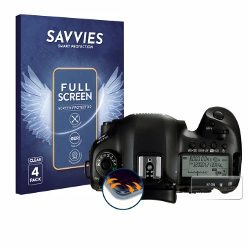 Front side of a product packaging with the brand logo Savvies. Next to it is the device Canon EOS 5D Mark IV (top plate displa