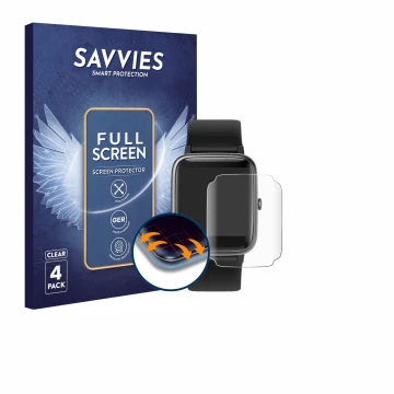 Front side of a product packaging with the brand logo Savvies. Next to it is the device Fitpolo ID205L 1.3