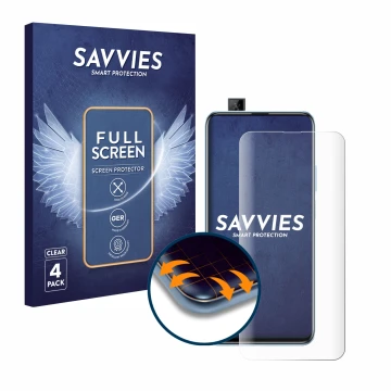 Front side of a product packaging with the brand logo Savvies. Next to it is the device Huawei P smart Pro 2019 shown with the