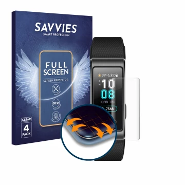 Front side of a product packaging with the brand logo Savvies. Next to it is the device Huawei Band 4 Pro shown with the corre