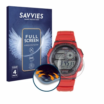 Front side of a product packaging with the brand logo Savvies. Next to it is the device Casio AE-1000W shown with the correspo