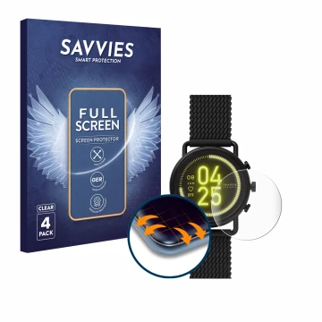 Front side of a product packaging with the brand logo Savvies. Next to it is the device Skagen Smartwatch Falster 3 shown with