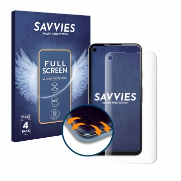 Front side of a product packaging with the brand logo Savvies. Next to it is the device Google Pixel 4a shown with the corresp