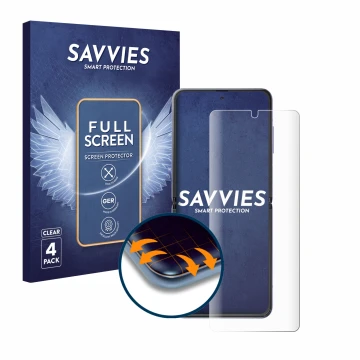 Front side of a product packaging with the brand logo Savvies. Next to it is the device Samsung Galaxy Z Flip shown with the c