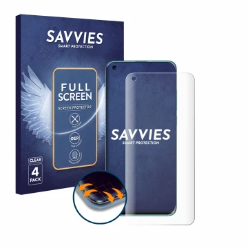 Front side of a product packaging with the brand logo Savvies. Next to it is the device Xiaomi Mi 10 shown with the correspond