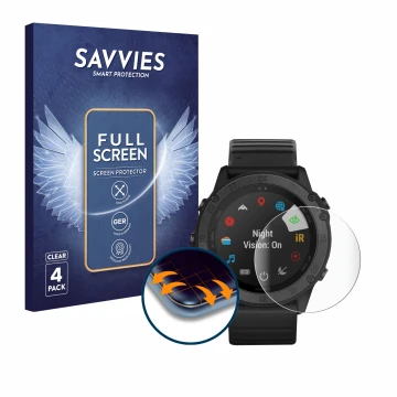 Front side of a product packaging with the brand logo Savvies. Next to it is the device Garmin Tactix Delta shown with the cor