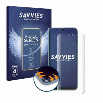 Front side of a product packaging with the brand logo Savvies. Next to it is the device Samsung Galaxy M31 shown with the corr