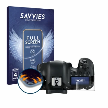 Front side of a product packaging with the brand logo Savvies. Next to it is the device Canon EOS 6D Mark II (top plate displa
