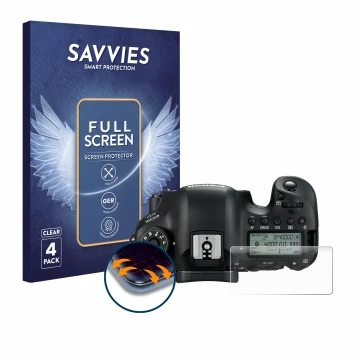 Front side of a product packaging with the brand logo Savvies. Next to it is the device Canon EOS 6D (top plate display) shown