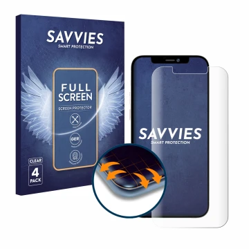 Front side of a product packaging with the brand logo Savvies. Next to it is the device Apple iPhone 12 Pro Max shown with the