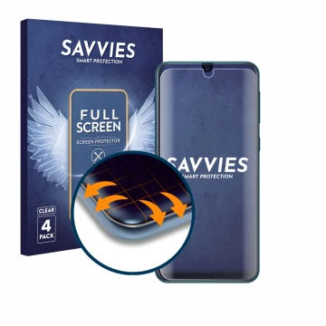 Front side of a product packaging with the brand logo Savvies. Next to it is the device Samsung Galaxy M21 shown with the corr