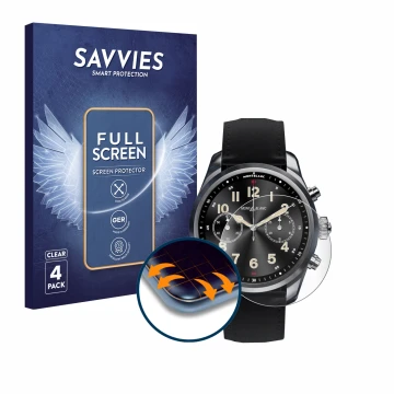 Front side of a product packaging with the brand logo Savvies. Next to it is the device Montblanc Summit 2 Plus shown with the