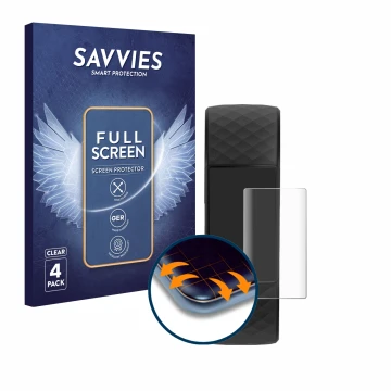 Front side of a product packaging with the brand logo Savvies. Next to it is the device Fitbit Charge 4 shown with the corresp