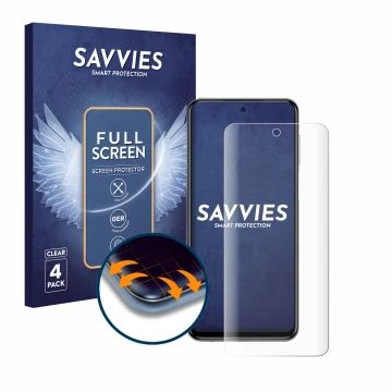 Front side of a product packaging with the brand logo Savvies. Next to it is the device Xiaomi Redmi Note 9S shown with the co